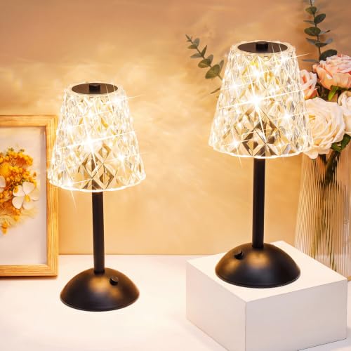 Image of Liliful 2 Pcs Cordless Table Lamp Rechargeable Touch LED Small Gold Portable Battery Operated USB-c Desk Lamp 3 Color Dimmable for Bedroom Living Room Dining (Black,Diamond Style)