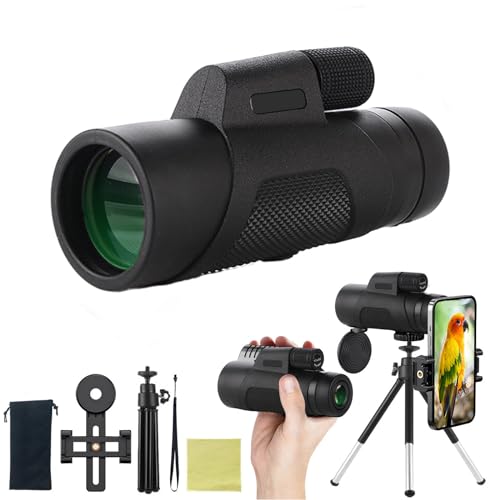 12×50 Monocular High Power Telescope with Tripod and Phone Clip IPX5 Waterproof Easy to Focus Monocular Telescope with Low-Light Night Vision Monocular for Birding Watching, Hiking, Hunting, Travel