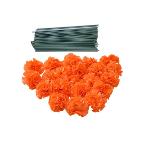 Rikyo Lot de 50 œillets artificiels orange en soie avec tiges, têtes de fleurs de souci, remplissage de vase, têtes de fleurs pour décoration d'intérieur Diwali,...