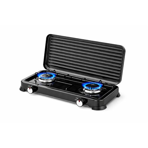 Cocina de gas portátil de 2 fuegos para camping y exterior, hornillo de gas compatible con butano y propano, llama regulable, tapa extraíble, 4,4 kW (2 FUEGOS)