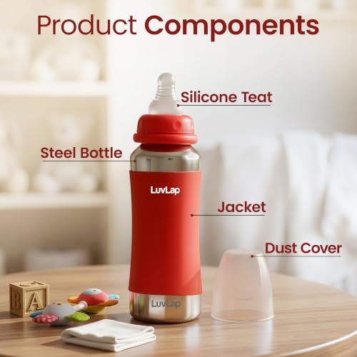 Image of LuvLap Baby Steel Feeding Bottle 240ml, Made of SS304 Rust Free Steel, Baby Milk /Water Bottle with Dust Cover, Heat Protective Silicone Cover, BPA Free, Odour Free, Leak Proof, Red, 0M+