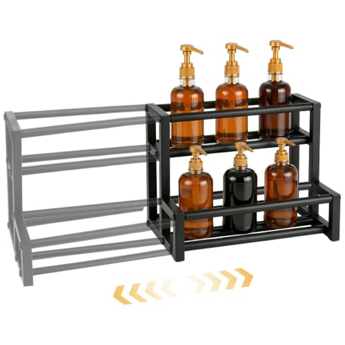 Expandable Coffee Syrup Organizer, 2 Tier Shelf for 6-12 Syrup Bottles, Width Adjustable Storage Rack for Coffee Bar, Kitchen Countertop Accessories & Fits Spices, Tea & More