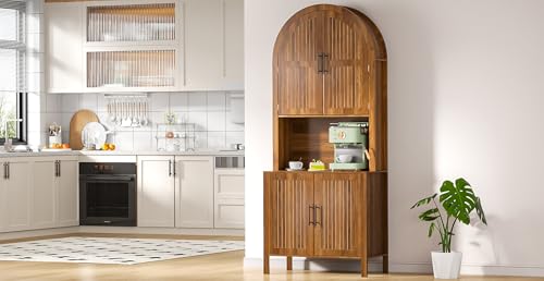 Image of 76 inch Tall Arched Kitchen Pantry,Large Storage Cupboard with Fluted Doors,Microwave Shelf,Modern Wooden Buffet Sideboard,Adjustable Shelves,Cabinet for Dining,Living Room,Walnut