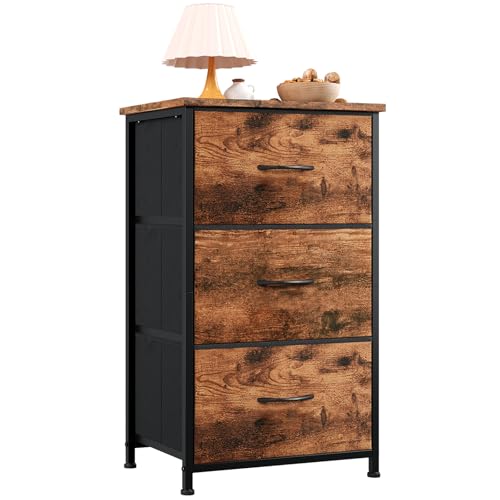 Somdot Small Dresser for Bedroom with 3 Drawers, Nightstand Storage Chest of Drawers with Removable Fabric Bins for Closet Bedside Living Room Laundry Entryway Hallway, Wood Grain Print
