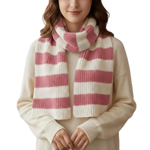 Grewear Striped Knit Scarf for Women and Men Soft Acrylic Ribbed Long Winter Neck Wrap Warm Thick Unisex Fashion Accessory for Cold Weather Casual Outdoor Daily Gift Idea Pink