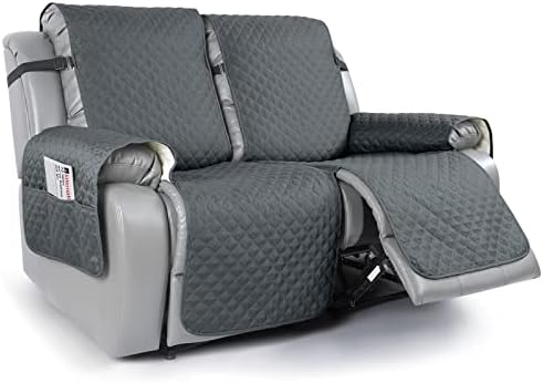 TAOCOCO 2 Seater Recliner Chair Cover,Armchair Recliner Cover with Storage,Loveseat Recliner Slipcover for Leather Sofa,Washable Recliner Sofa Protector with Elastic Straps(Dark Grey)