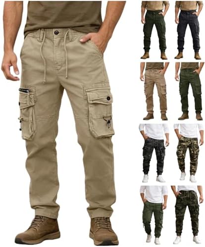 Mens Cargo Pants Relaxed Fit Drawstring Cotton Stretch Work Pant Baggy Joggers Hiking Athletic Trousers with Multi Pockets