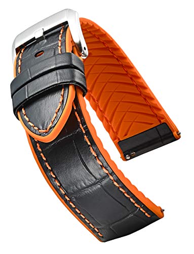Stunning Selection Alpine Genuine Alligator Grain Leather Watch Band With Silicone Waterproof Lining And Quick Release Steel Spring Bars - Black/Orange - 22Mm #TOP19