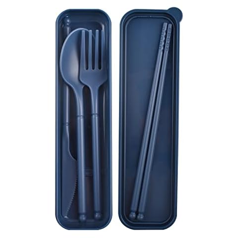 Travel Cutlery Set with Case, Forks Knives and Spoons Set, Plastic Cutlery Set Reusable, Camping Cutlery Set for 1, Portable Cutlery Set for Lunch Box Travel Picnic Office School (Blue) Cover