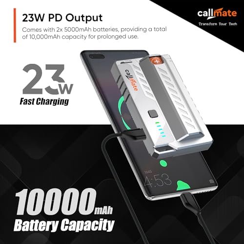 Image of callmate Shotgun 23W PD Fast Charging 10000mAh Power Bank with USB-C PD Output, Lightweight & Portable, Replaceable Cells with 2X 5000mAh for Smartphone (Lithium-Ion, 2X 5000mAh), White