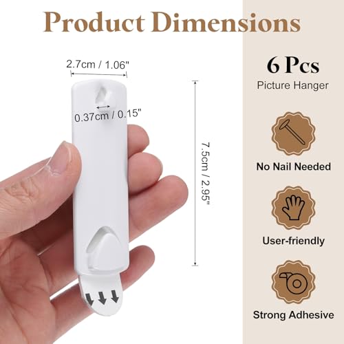 Image of uxcell 6Pcs Picture Hangers for Sawtooth /Wire Back, 3x1.1 Inch Universal No Nails Picture Hanging Hooks, Removable Frame Hanger with Adhesive Strip,White