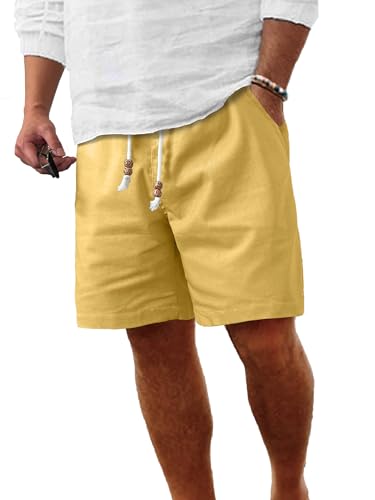 Image of Comdecevis Men's Linen Shorts Casual Elastic Waist Drawstring Summer Beach Vacation Yoga Golf Shorts with Pockets