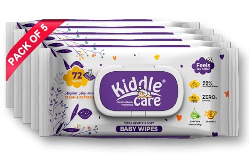 Image of Baby Wipes with Lid, Gentle Soft, 99% Purified Water, Aloe Vera & Vitamin E, Alcohol Free, SLS & Paraben Free, pH Balanced, Newborn Sensitive Skin, Pack of 5 (360 Count)