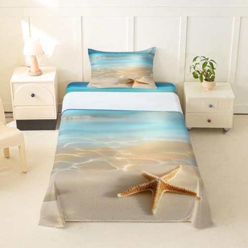 Image of jejeloiu Beach Scenery Bed Sheets Set Twin Size Ocean Bed Set Coastal Nautical Deep Pocket Fitted Sheet Starfish Seashell Conch Breathable Soft Lightweight Microfiber