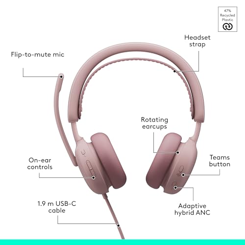 Image of Logitech Zone Wired 2 for Business - Noise-Canceling Headset with Adaptive Hybrid ANC, Microsoft Teams Certified, USB-C with USB-A Adapter - Rose (Pack of 4)