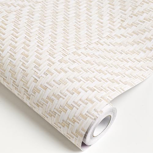 Rugreat Striped Grasscloth Wallpaper Peel and Stick Textured Grass Cloth Contact Paper for Cabinets Herringbone Fabric Wallpaper for Bedroom Beige Faux Linen Contact Paper Removable 393inL 17.3inW