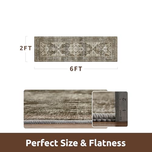AMOAMI-2X6 Runner Rug-Washable Runners for Hallways-Soft Non Slip Bedside Rugs for Bedroom-Vintage Long Rug for Hallways Entryway Laundry Room Stair Kitchen Bathroom Light Brown/Coffee