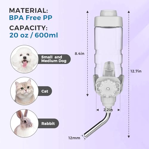 Image of Vannon Dog Crate Water Bottle, 20oz Top-Fill Pet Water Dispenser, Grey | kennel water bottle helps keep pets hydrated longer with fewer refills and easy daily care.
