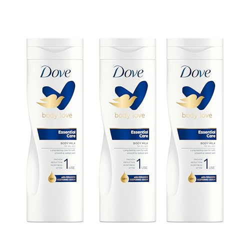 Dove Body Love Feuchtigkeitsspendende Körpermilch Essential Care Für Trockene Haut 48H Feuchtigkeit Weiche und Glatte Haut Mit Glycerin und Ceramide Restoring Serum 3x 400 ml
