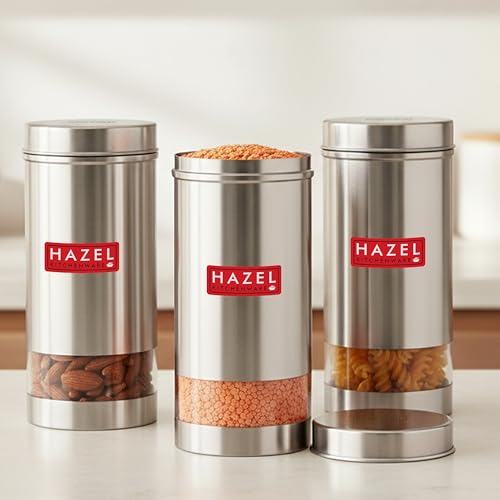 HAZEL Stainless Steel Tea Coffee Sugar Containers I Ideal for Multipurpose Item Storing I Set of 3 Transparent Jars with 1000 ML Capacity each I Silver Color Box with Matt Finish