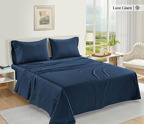 Image of LANE LINEN 100% Egyptian Cotton Bed Sheets King Size - Long Staple Mercerized Cotton, Luxury Hotel-Quality, 16 inch Deep Pocket King Sheet Set with Reinforced French Seams - Dark Blue