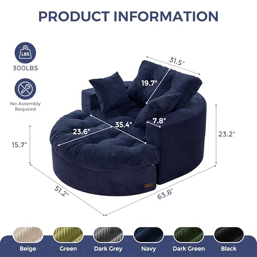 Image of MAXYOYO Modular Sectional Chaise Lounge Sofa, Round Upholstered Lounge Chair with Ottoman, Comfy Couch with Layered Cushion, Tufted Sleeper Chair for Living Room, Navy