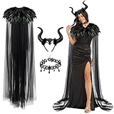 disfraz malefica amazon 3 Disfraz Malefica Mujer, Reina Malvada Disfraces con Diadema de Cuerno, Plumas Chales Velo largo, Gótico Collar, Malefica Disfraz para Halloween Carnaval Fiesta Cosplay Costume Medieval