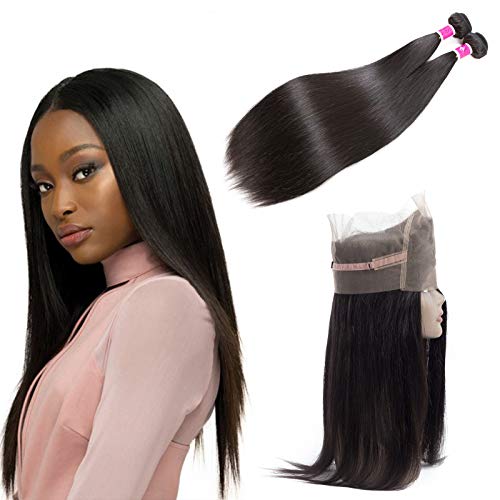 SKYDO 360 Lace Frontal Closure With Bundles Straight Unprocessed Brazilian Straight Hair 2 Bundles with 360 Lace Closure Human Hair Weave Bundles Natural Black (20 22 + 18)