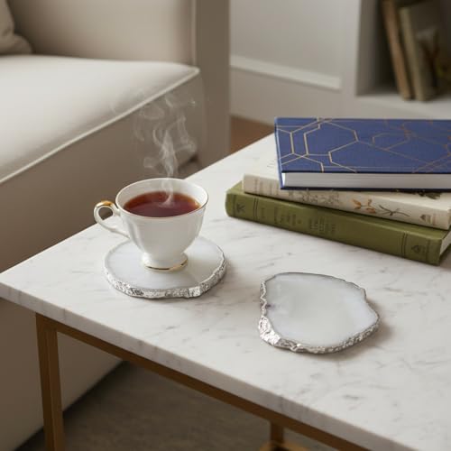Image of Natural Agate Stone Tea Coasters Set | Premium Stone Coasters for Tea, Coffee & Glass | Heat Resistant Coasters for Dining Table, Office Desk & Home Decor | Pack of 2 | Color -White