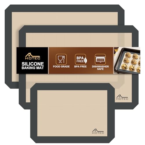 HOTEC Silicone Baking Mats 3 Pack – Non-Stick Reusable Silicone Baking Sheets for Oven – Cookie & Macaron Mats – 2 Half Sheet + 1 Quarter Sheet – BPA-Free, Dishwasher Safe