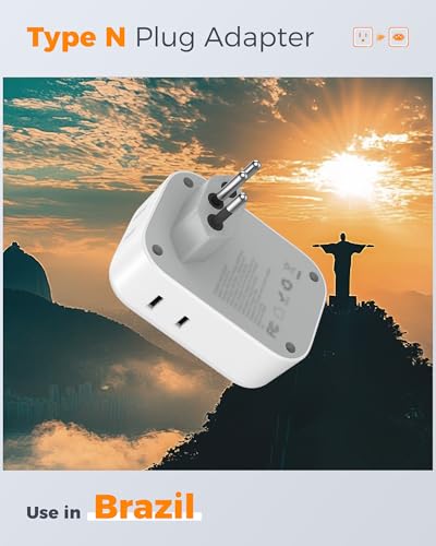 Image of TESSAN Brazil Power Adapter PD 20W, Type N Plug Adapter with 4 American Outlets 3 USB Charger (1 USB C Port), US to Brazil Travel Adaptor for USA to Brazilian Brasil