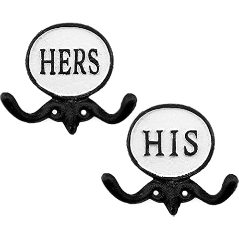 AuldHome His and Hers Towel Hooks (Set of 2); Cast Iron Rustic Farmhouse Decor Door Wall Hangers Cover