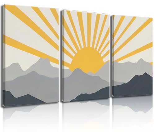 Image of Frimeeme Modern Boho Sun Canvas Wall Art, Set of 3, Framed | Yellow and Gray Mountain Sunrise, 12x16 Inch Each, Ready To Hang
