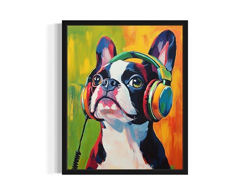 Image of Boston Terrier Music Headphone Black Framed Wall Art Print Poster, Dog Pet Lover Picture Painting Artwork Bedroom Living Room Office Dining Room 150D (Boston Terrier Music Headphone, 16 x 20 inches, Black Frame)