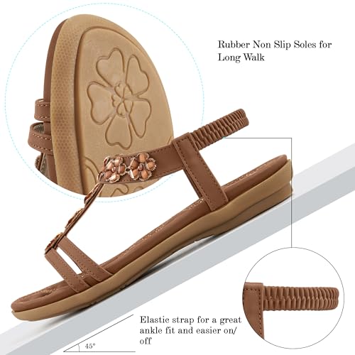 Image of HARENCE Summer Flat Sandals for Women: Comfortable Bohemian Beaded Flats Shoes Elastic Ankle Strap Casual Walking Slip On Dress Sandal