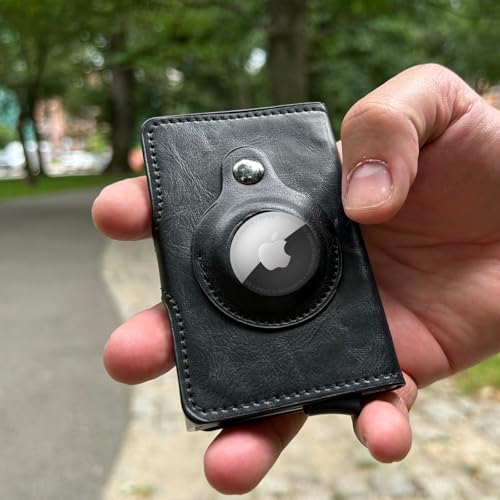 Bifold AirTag Wallet for Men – Slim RFID-Blocking Pop-Up Card Holder with Built-In AirTag Holder – Vegan Leather Front Pocket Wallet with Cash Slot (Black, Holds 10 Cards)2