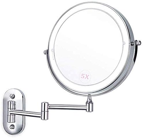 8-inch Bathroom Shaving Mirror Wall Mounted Makeup Two-Sided 5X Magnification LED Touch Dimming 360°Swivel Extending Folding Powered by 4 x AAA Batteries