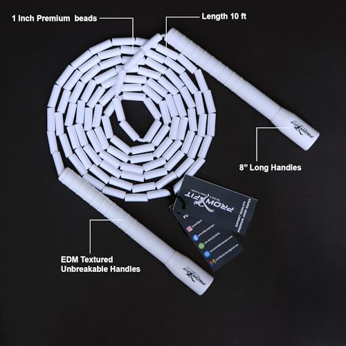 Image of Freestyle Unbreakable Long Handle Soft Shatterproof Beads 1Inch Beaded Jump Rope, Skipping Rope Adult. (10 Ft) (White - White handle)