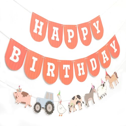 Farm Happy Birthday Banner - Kids Farmyard Birthday Party Decorations, Farm Animals Party Supplies, Happy Birthday Banner with Tractor, Farm Theme Cake Smash Photo Props