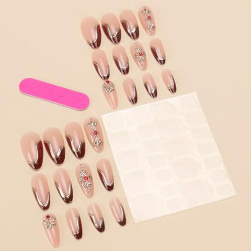 Image of Red French Tip Press on Nails Gold Edge Fake Nails Medium Almond False Nails with Rhinestone Design Flower Glue on Nails Artificial Acrylic Nail Full Cover Nude Stick on Nails for Women Manicure 24Pcs