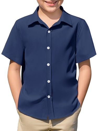 Haloumoning Jungen Hemd Sommer Kurzarm Shirt Kinder Einfarbig Freizeit Hemden Casual Basic Knopfleiste Oberteile Bügelleicht 5-14 Jahre, Dunkelblau, 13-14 Jahre