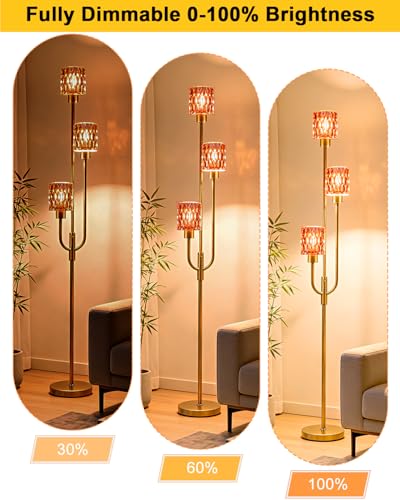 Image of 66IN Glass Floor Lamp 3-Lights Modern Gold Dimmable Floor Lamps with 3000K Warm White Bulbs for Wedding Party Standing Tall Lamp with Deep Red Glass Shade for Living Room /Bedroom /Home Decor