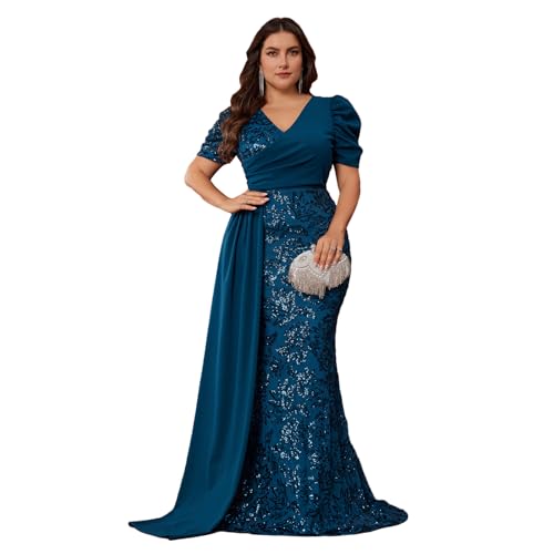BluePlum Elegant Women’s Formal Dress Wedding Guest Puff Sleeve Mermaid Ball Gowns Court Train Plus Size Sequin Dresses Long, Peacock Blue, 1XL