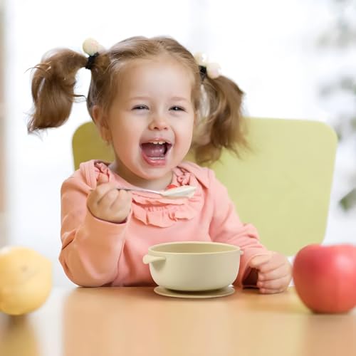 Image of PandaEar 3 Pack Baby Bowls with Suction, Stay Put Silicone Food Bowl | Silicone Toddler Feeding Bowls for Babies Kids Infants, Food Grade Soft Safe BPA-Free Silicone, Pink Green Light Tan