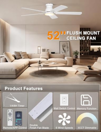 Prime: 52" Ohniyou Low Profile 6-Speed Flush Mount Ceiling Fan (Various Colors) $43.79 & More - image 3