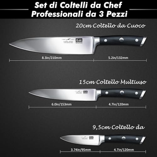 SHAN ZU Set di Coltelli da Cucina,Giapponesi Set di Coltelli 3 Pezzi Tedesco Acciaio Inox Ultra Affilati Compreso Coltello da Cucina 20 cm Coltelli Universali 15 cm Coltelli per Frutta 9,5 cm - immagine 3