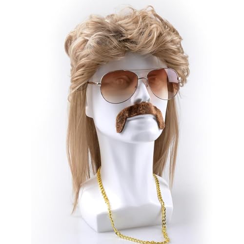 Forhome Vokuhila Perücke Herren 4er Set 80er 90er Jahre Outfit Accessoires Blond Perücken Wig Sonnenbrille Halskette Für Fasching Cosplay Halloween Kostümfeste Usw