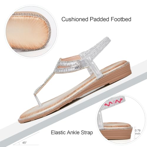 Image of iCKER Womens Rhinestone T‑Strap Flat Sandals Adjustable Ankle Strap Jeweled | for Dress,Vacation,Wedding,Party Evening and Formal Special Occasions