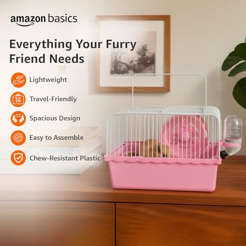 Image of Amazon Basics Hamster, Gerbil, Guinea Pig Cage and Playhouse | Pink | Spacious Plastic Cage for Small Pets | Double Story with Slide, Exercise Wheel and Feeding Bottle | LxWxH- 23x 17x 25 Cm