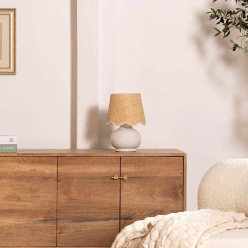 BoutiqueRugs Navarro Boho Ceramic Bedside Table Lamp for Bedroom Nightstand and Living Room - Shade Rattan - White, Beige - 13' H